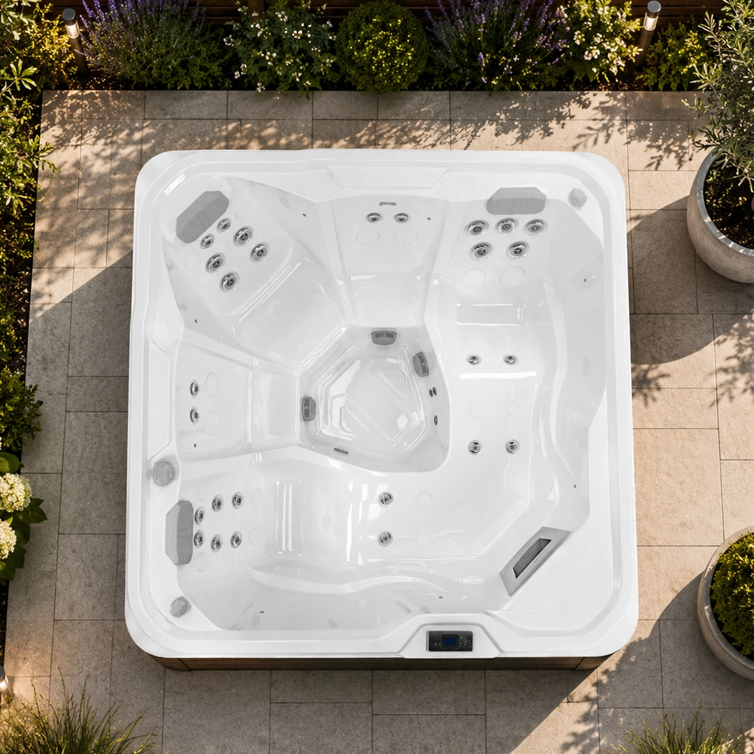 Equinox Nova 570 five-person hot tub in a garden setting