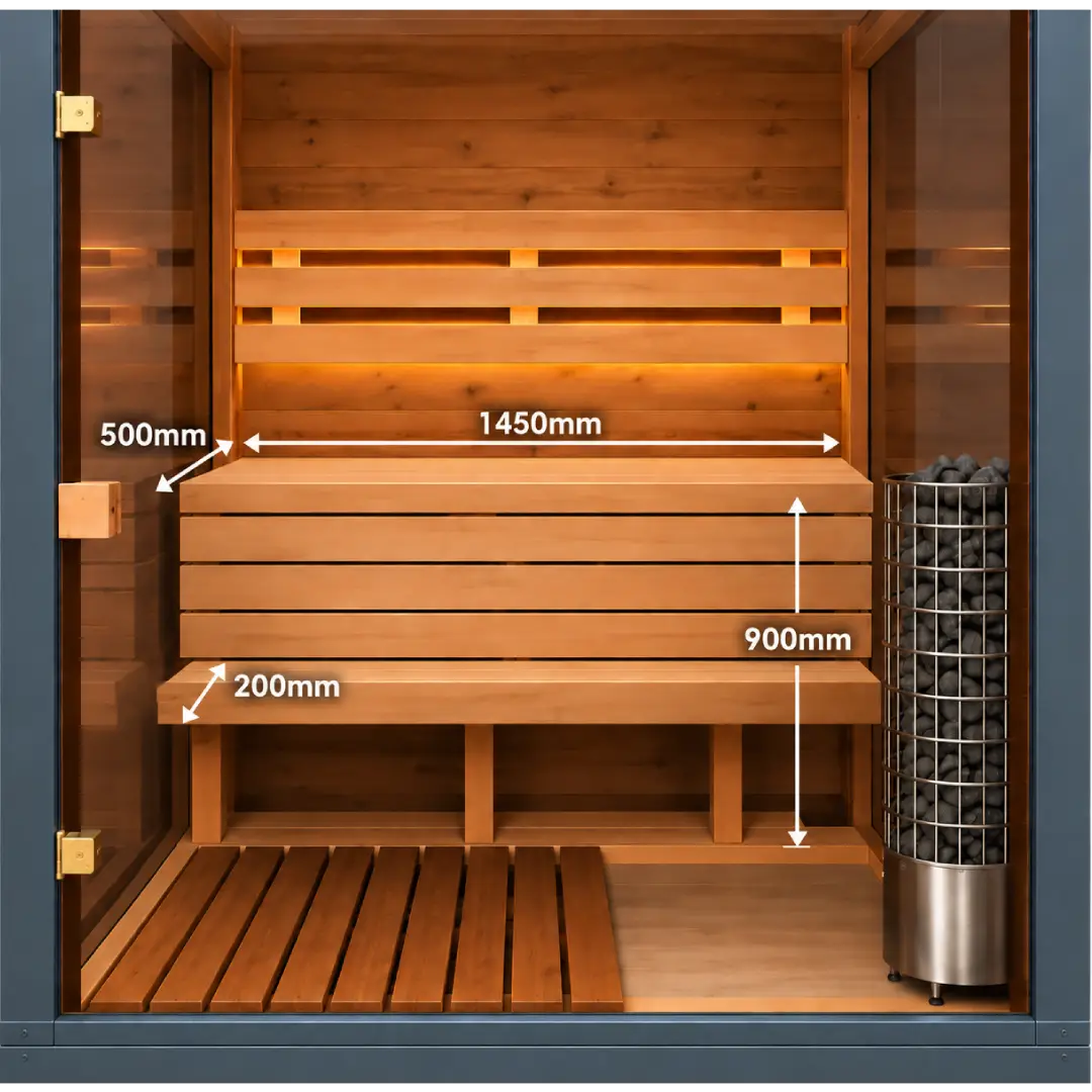 Tiered timber benches inside Square Glass Outdoor Sauna